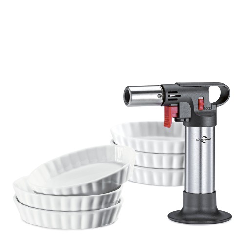 Kuchenprofi Φλόγιστρο Ζαχαροπλαστικής με 6 σκεύη τάρτας πορσελάνης Deluxe - Σετ 7 Τεμαχίων